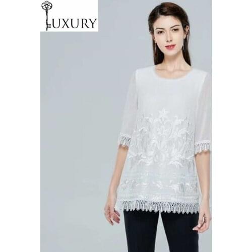 2020 Plus Size Shirt Summer High Quality Brand Women Lurex Embroidery 3/4 Sleeve Elegant White Black Blouse Tops Female