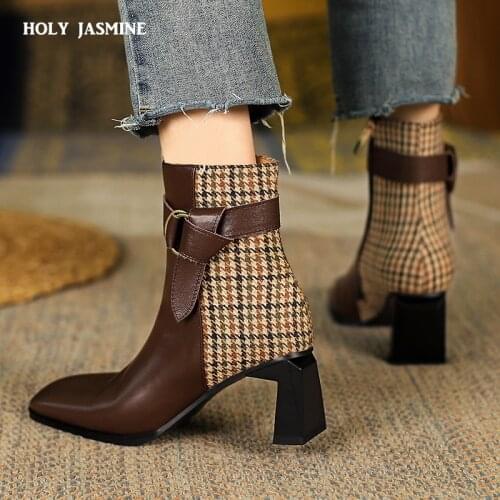 2021 Autumn Winter New Women Square Toe High Heel Ankle Boots Side Zipper Slip on Block Heel Genuine Leather Fashion Short Boots