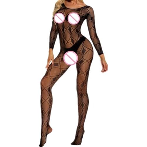 Long Sleeve Nightwear Women Crotchless Jumpsuits Body Stocking Grid Bodysuit Fishnet Underwear Hot Pajamas NEW Ladies Lingerie