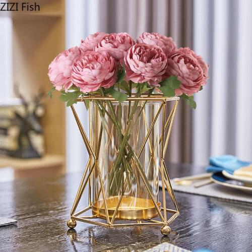 Golden Vase Metal Flowers Pot Floral Flower Arrangement Plated Alloy Glass Vases Desk Decoration Modern Luxurious Home Decor