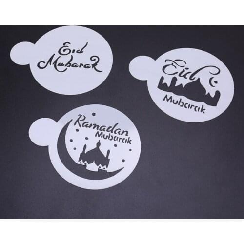 3pcs PET Mosque Eid Mubarak Ramadan Design Coffee Stencils cake decoration tool