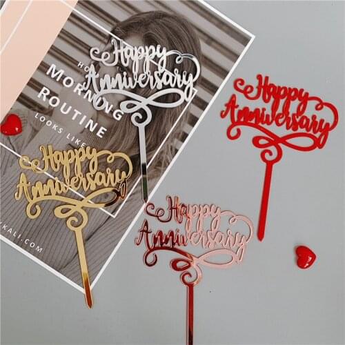 Happy Anniversary Acrylic Cake Topper Red Gold Wedding Anniversary Cake Topper for Wedding Anniversary Party Cake Decorations