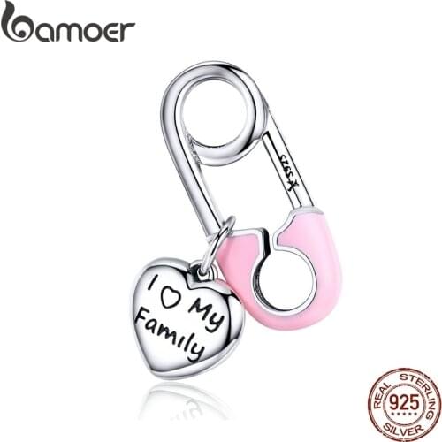 BAMOER 925 Sterling Silver Pink Enamel Pink Family Heart Charms Fit Charm Bracelets Fashion Jewelry SCC1145