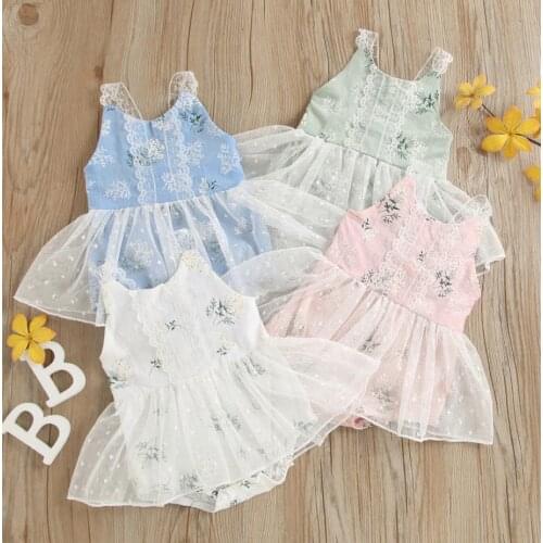 Newborn Baby Summer Mesh Romper Baby Girls Sleeveless Plant Pattern U-shaped Neck Lace Trim Playsuit Bodysuits