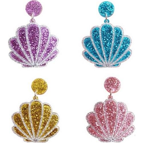 Fashion Korea Shell Glitter Acrylic Earrings For Women Yellow Purple Blue Pink Conch Sequins Drop Dangle Earrings Beach Jewelry