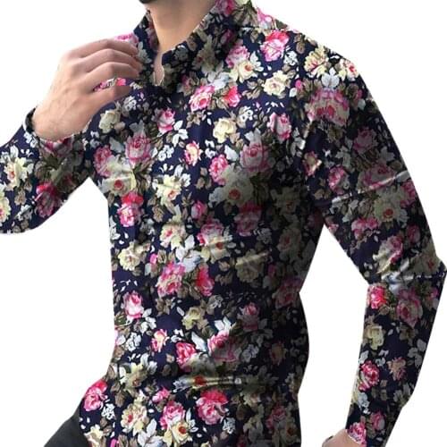 Plus Size Casual Shirts Men Floral Print Slim Fits Long Sleeve Button Turn Down Collar Shirt Top