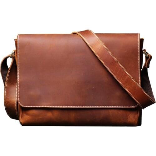 Retro Handmade Genuine Leather Mens Shoulder Messenger Bag Top Layer Cowhide Casual Crazy Horse Leather Mens Satchels Tote