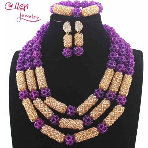 New Amazing Purple Women Costume African beads Jewelry Set Indian Nigerian Wedding beads Statement Necklace Set W13625