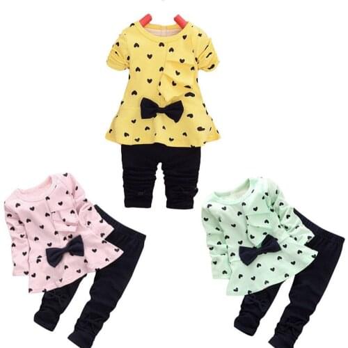 New Baby Sets Heart-shaped Print Bow Kids Set T Shirt + Pants Fashion Newborn Baby Girl Clothes Short Set Summer Clothing