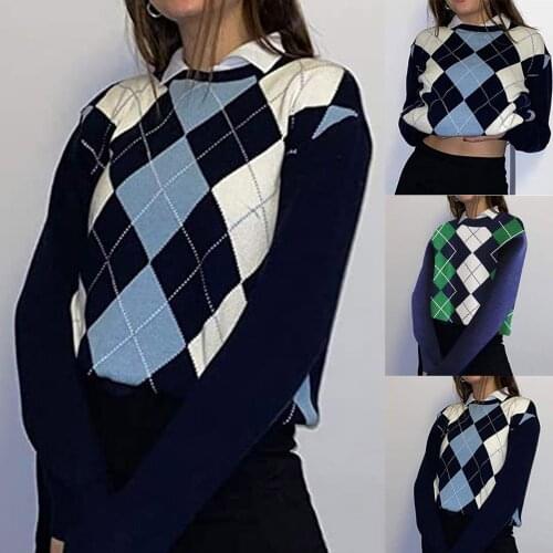 Autumn And Winter Fashion Womens Argyle Pattern Long Sleeve England Style Sweaters Ladies Top pull plaid avec capuche Casual F4