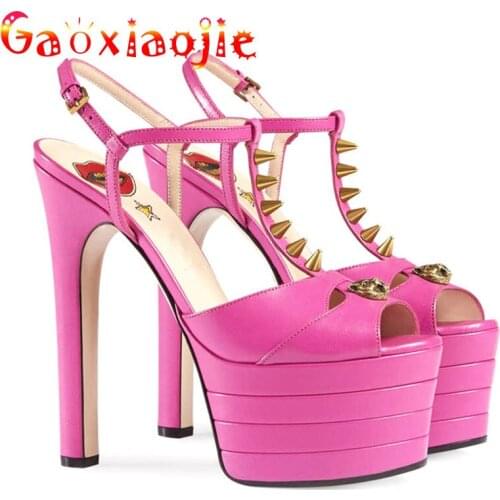 Women Comfort Microfiber Fashion Rivet Platform Model Catwalk Show High Heel Sandal 16CM Sexy Hollow Out Nightclub Dance Shoes