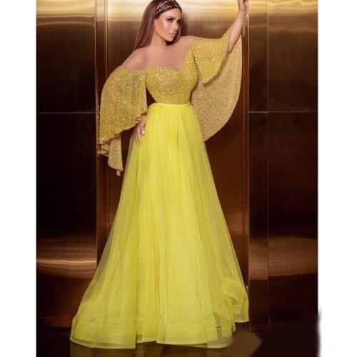 Sexy Sparkly Yellow Evening Dresses Off Shoulder A Line Formal Party Prom Gowns Custom Made Ogstuff Vestidos
