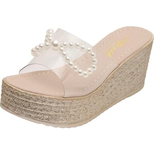 Wedges Heels Platform Slippers Women For Summer Pearl Bow-knot High Heels Sandals Women Black White Slippers Heels Women Slides