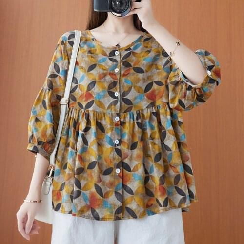 Women Summer Cotton Linen Casual Shirts New Arrival 2021 Vintage Style O-neck Print Loose Comfortable Female Tops B137