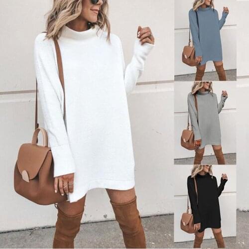 Ladies Sweater Dresses 2020 Spring New Fashion Sweater High Neck section Solid Color Pullover Women Sweater Loose Mini Q101