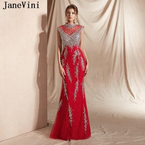 JaneVini Sparkling Beaded Luxury Mermaid Prom Dresses High Neck Lace Crystal Sleeveless Red Evening Gowns Vestidos De Gala Longo