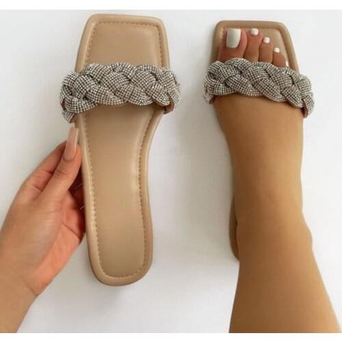 2021 Fashion Sexy Roman Rhinestone Summer New Outdoor Flat-Bottom Square Toe Open-toed Womens Slippers Plus Size