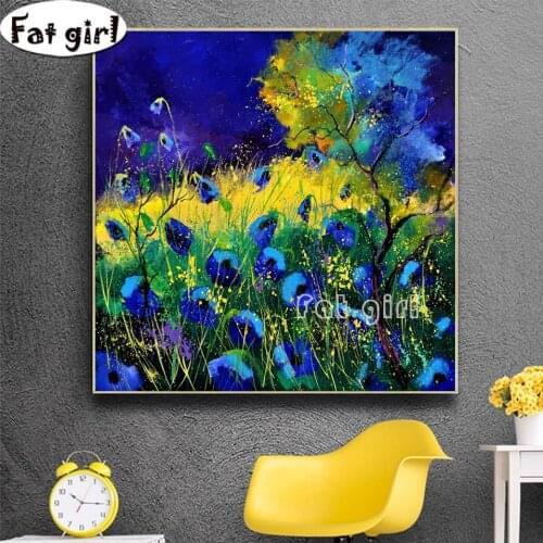 Nordic Abstract Art Diamond Painting Blue Poppies Impressionist Landscape Wall Art Pictures Full Square Round Drill Embroidery