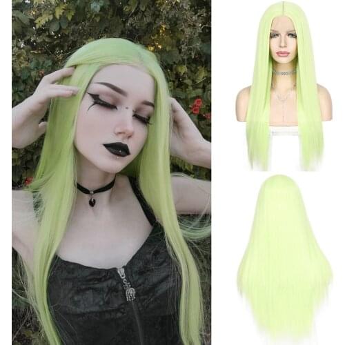 Long Straight Apple Green Hot Selling Synthetic Lace Front Wig T-Part Wig Cosplay Party Drag Queen Wig Daily High Temperature