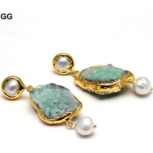GG Jewelry Natural Freshwater Cultured White Keshi Pearl Green Emeralds Rough Pearl Stud Dangle Earrings Vintage Style For Women