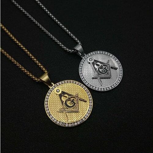 HIP Hop Gold Silve Color stainless steel Freemason Masonic Necklaces Bling Compass G Pendants AAA CZ Jewelry Gift For Men Women