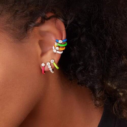Clip Earring No Piercing Fashion Women Lady Jewelry 7 Colorful Enamel Single CZ Ear Cuffs