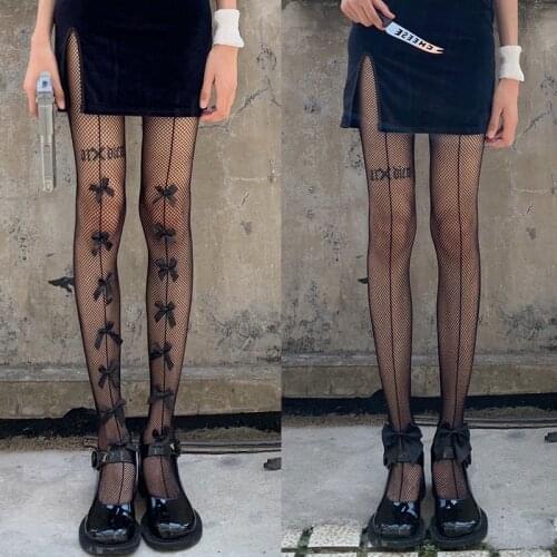Vintage Cuban Back Line Cool tights women sexy Bow Tights Hip Hop Street Black Fashional and Sexy Woman Pattern Jacquard Tights