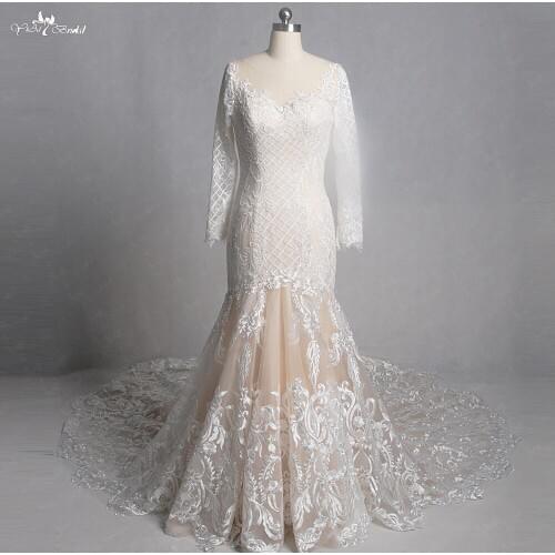 RSW1316 Real Pictures Yiaibridal Long Sleeves Cathedral Train Wedding Dresses Mermaid Tail Lattice Pattern Lace Dress