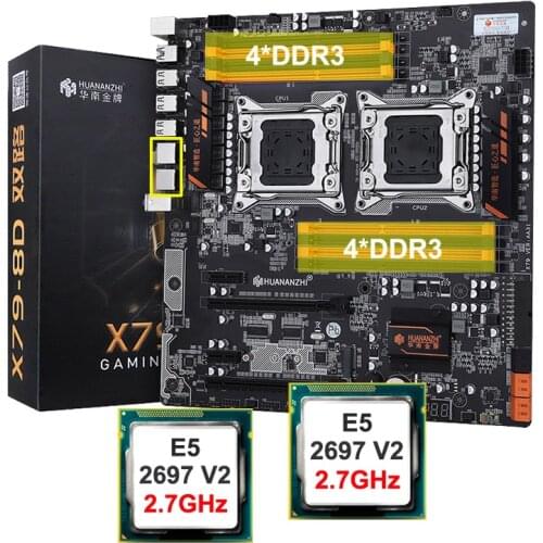 HUANANZHI X79-8D Dual Socket Motherboard with 2 Processors Xeon E5 2697 V2 10 Cores 2 Giga LAN Ports HI-SPEED M.2 NVMe SSD Slot