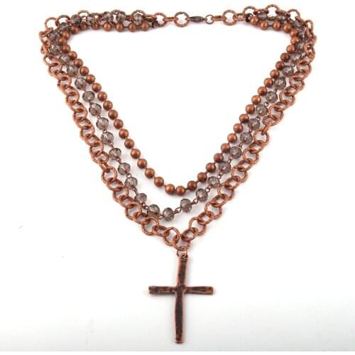 Fashion Bohemian Tribal Jewelry 3 Layer Multiple Crystal Rosary Link & Chain Cross Pendant Necklaces