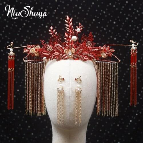 NiuShuya Traditional Chinese Wedding Bride Red Queen Crown Headpieces Vintage Wedding Tiara Headdress Bridal Hair Accessories