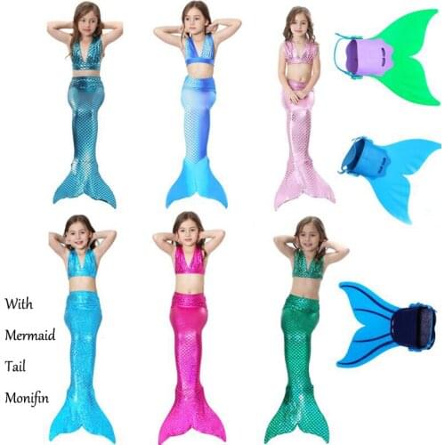 2017 New Girls Halloween Ariel Princess Mermaid Cosplay Costume Kids Fanny Swimmable Bikini Mermaid Tail Swimsuit with Monifin