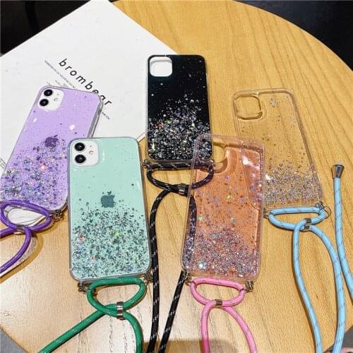 Crossbody Necklace Strap Lanyard Cord Glitter Clear Case For iPhone 11 12 Pro Max 12 Mini XS Max X XR 8 7 6s Plus SE 2020 Cover