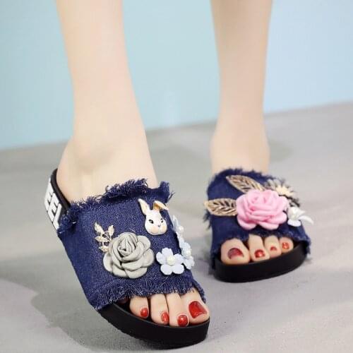 Cute rabbit fretwork sandals women camellia open toe flat shoes girls korean brand denim tassel flowers flip flops zaptos mujer