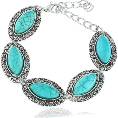 Unique Design Silver Plated Alloy Stackable Marquise shape Green Turquoises Stone Bracelet Charm Jewelry