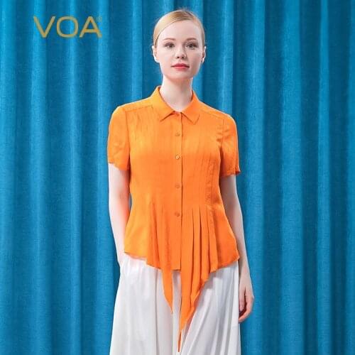 VOA Silk Dark Jacquard POLO Collar Single-breasted Natural Waist Short Sleeve Stiff Asymmetric Shirt BE508 Women Tops