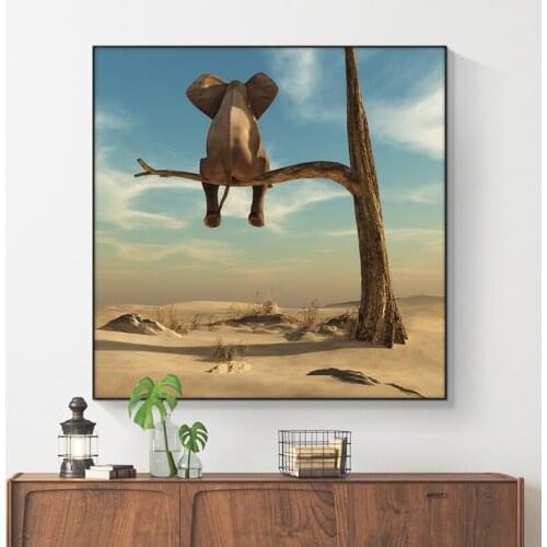 Funny Little Elephant on Tree Branch Canvas Painting Modern Wall Art Poster Prints for Kids Room Home Decoration