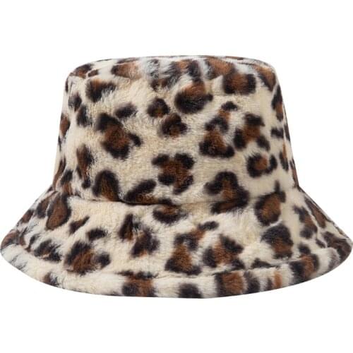 2021 Fashion Leopard Bucket Hat for Women Autumn Winter Warm Thickened Artificial Rabbit Fur Panama Plush Basin Hat Lady Cap