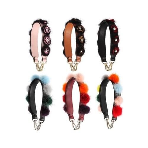 New Real fur design Winter Pom Pom Charm Bag Strap Women Bag Accessories Arrival Strap You Split Leather Handbag Straps Short