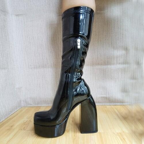 Ladies Sexy Platform Zip Boots 2021 Autumn Elastic Knee Length Long Boots Thick High Heel Black Square Toe Womens Shoes Size 39