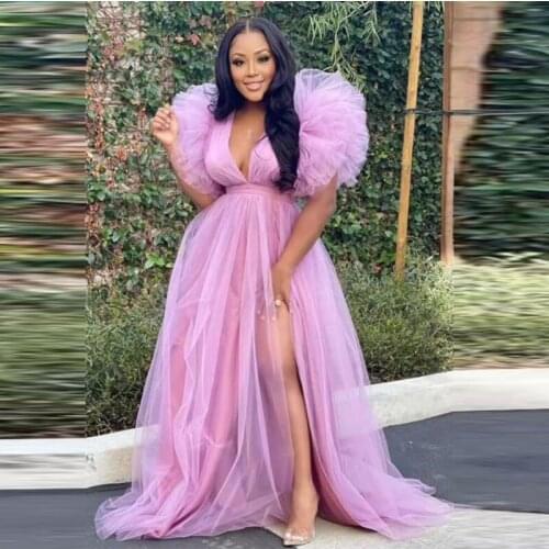 Puffy Sleeves Side Slit Tulle Dress For Women Light Purple Plus Size Tulle Dress Party Birthday Dress For Photo Shoot