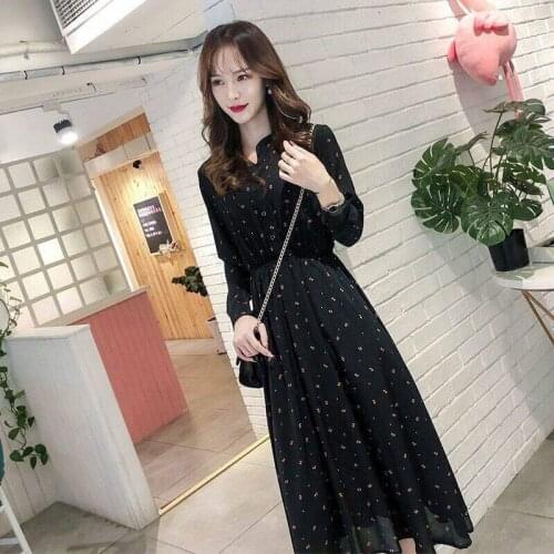 Elegant Spring Autumn Black Chiffon Dress Women Chic O-neck Floral High Waist Female Long Dresses 2021 Vestidos Femme Y571