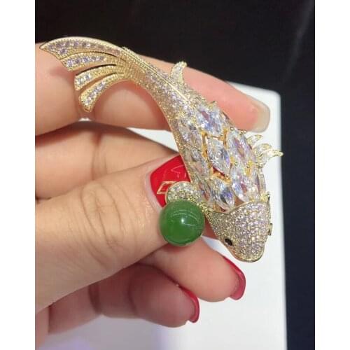 Golden shiny animal carp brooch Full Crystal Cubic Zirconia Brooches Trendy Plant pearl brooch Big pins Hyperbole Ethnic