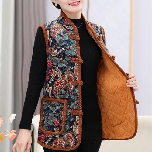 Gold Velvet Retro buckle Vest Cotton Jacket 2021 Middle-aged Women Slim Waistcoat Warm Winter Print plus size mothers clothes
