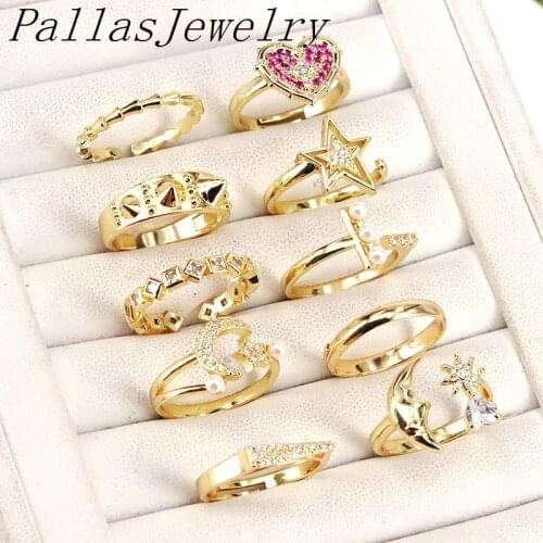 10Pcs Beautifu popular ring gold color ring crystal pearl pave rings heart moon shaped women girls jewelry for gifts