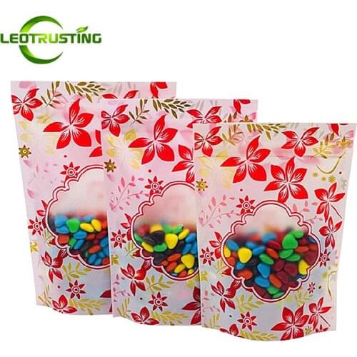 Leotrusting 100pcs Stand up Plastic Zip Lock Bag Red Frosted Window Coffee Snack Cookie Baking Packaging Bag Plastic Gift Bags