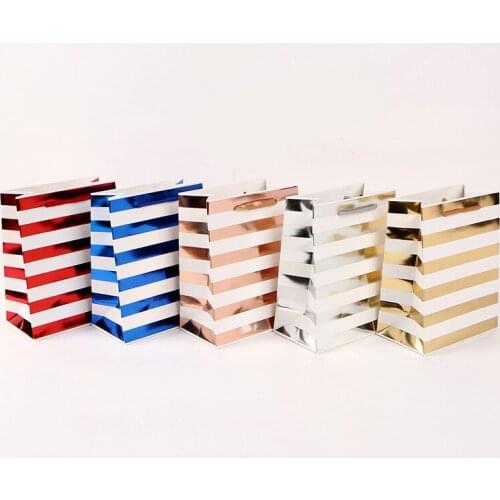 12Pcs/Lot Bronzing Striped Paper Bag With Handle Candy Jewelry Gift Packaging Bag For Party 3 Sizes