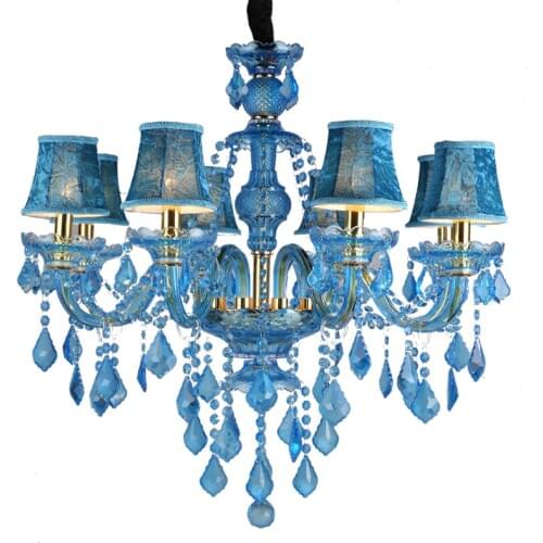 8 Lights Modern Luxury Blue Crystal Suspension Lamps European Candle Chandeliers With Lampshade For Bedroom Dining Room PL651