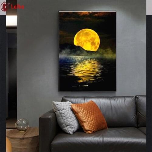 Diamond painting Abstract art, golden moon on the sea 5d diy handmade embroidery kit full square/round drill home decor