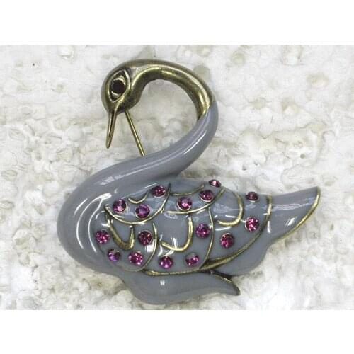 Antique Bronze Purple Rhinestone Enamel Swan Pin brooches C427 D4
